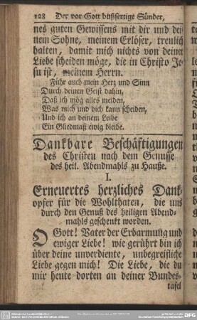 Dankbare Beschäftigungen des Christen nach dem Genusse des heil. Abendmahls zu Hauße