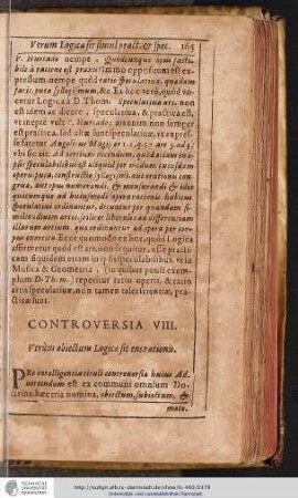CONTROVERSIA VIII. Vtrùm obiectum Logica sit ensrationis.