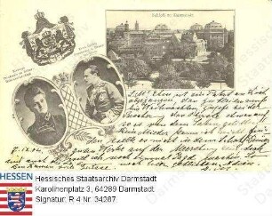 Darmstadt, Schloss / mit Porträts von Großherzog Ernst Ludwig v. Hessen und bei Rhein (1868-1937) und Großherzogin Eleonore geb. Prinzessin zu Solms-Hohensolms-Lich (1871-1937) in Medaillons, darüber: Wappen
