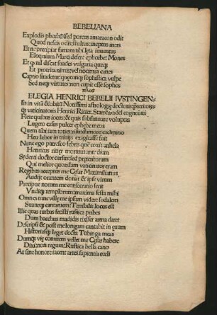 Elegia Henrici Bebelii Iustingensis in vitam & obitum Notissimi astrologiae doctoris .... Henrici Ritter.