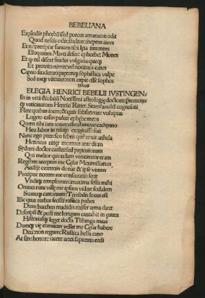 Elegia Henrici Bebelii Iustingensis in vitam & obitum Notissimi astrologiae doctoris .... Henrici Ritter.