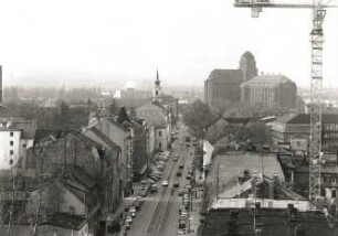 Dresden-Friedrichstadt. Friedrichstraße. Blick vom Kühlhaus nach Nordwest gegen Städtisches Klinikum, Matthäuskirche und Hafenmühle