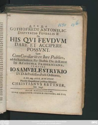 Gothofredi Antonii, IC. Disputatio Feudalis II De His Qui Feudum Dare Et Accipere Possunt