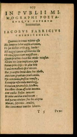In Publii Mimographi Poetarumque Veterum Sententias.