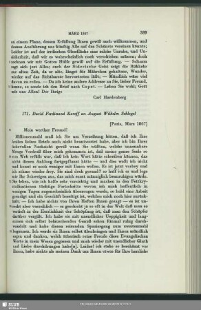 David Ferdinand Koreff an August Wilhelm von Schlegel, Paris, März 1807