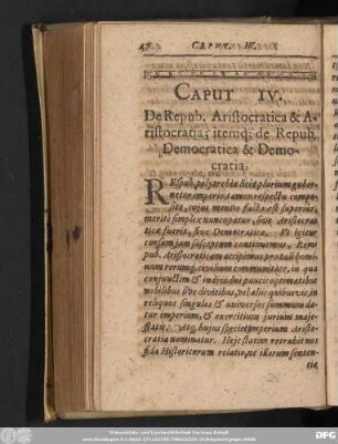 Caput IV. De Repub. Aristocratica & Aristocratia; itemq[ue] de Repub. Democratica & Democratia.