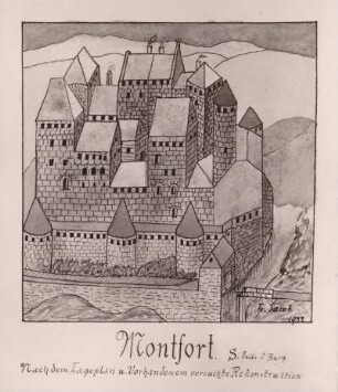 Montfort, Ruine. Rekonstruktionsversuch der Burg Montfort von Lehrer Jakob, Kusel 1936