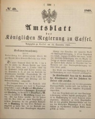 № 49. Ausgegeben zu Cassel am 12. September 1868.