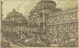 Großartiges Gebäude mit Kuppel, Säulenhallen und vielen Treppen und Figuren
