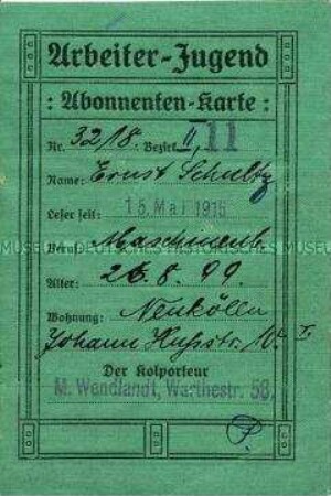 Abonnenten-Ausweis für die Zeitschrift "Arbeiter-Jugend"
