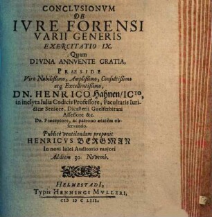 Conclusionum De Iure Forensi Varii Generis Exercitatio IX.