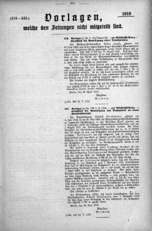 Anlage: (416-444.), Vorlagen, welche den Zeitungen nicht mitgeteilt sind, 14. Juni 1919
