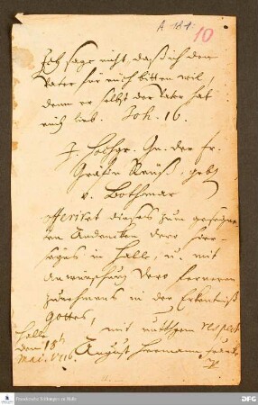 Brief von August Hermann Francke an Sophie Charlotte v. Reuß-Obergreiz.
