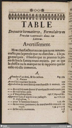 Table De toutes les matieres, Formulaires en Pensées contenues dans ces Lettres