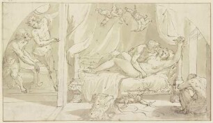 Die Liebesaffäre zwischen Venus und Mars, dem Vulcan durch Apollo offengelegt, rechts der eingeschlafene Wächter Alectryon