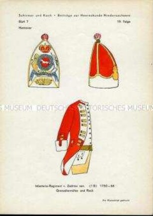 Uniformdarstellung, Detailstudie Grenadiermütze und Uniformrock des Infanterie-Regiments "von Zastrow", Kurfürstentum Hannover, 1750/1766.