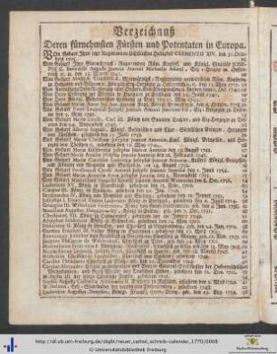 Verzeichnis Deren fürnehmsten Fürsten und Potentaten in Europa.