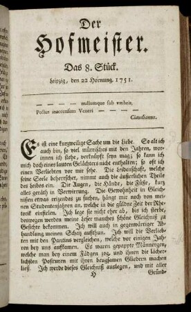 Das 8. Stück. Leipzig, den 22 Hornung. 1751.