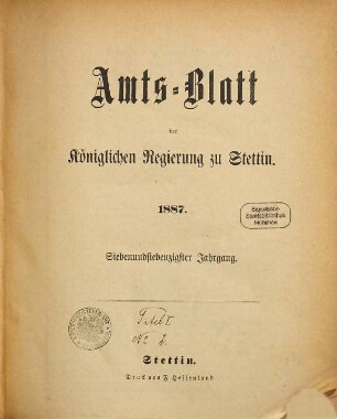 Amtsblatt der Regierung in Stettin. 1887 = Jg. 77