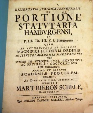 Disp. iur. inaug. de portione statutaria Hamburgensi