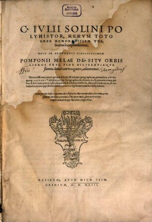 C. Ivlii Solini Polyhistor, Rervm Toto Orbe Memorabilivm Thesaurus locupletissimus