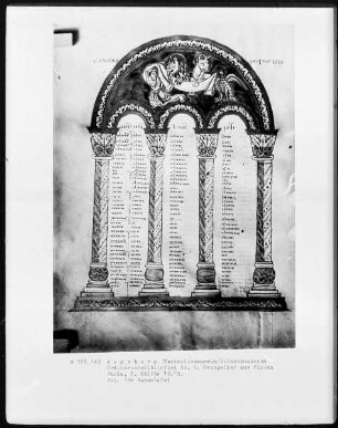 Evangeliar — Kanontafel mit einem Evangelisten und Symbolen, Folio 18verso