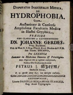 Disputatio Inauguralis Medica, De Hydrophobia
