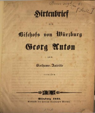 Hirtenbriefe, 1841. Erlassen zum Bisthums-Antritte