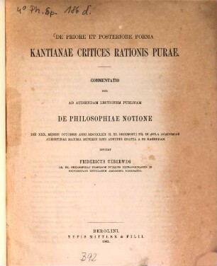 De priore et posteriore forma Kantianae critices rationis purae : commentatio qua ad audiendam lectionem publicam...