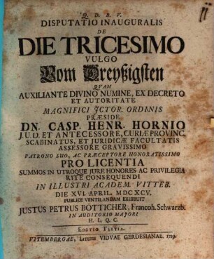 Disp. inaug. de die tricesimo, vulgo vom Dreyßigsten