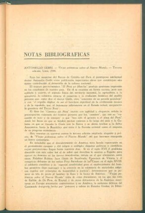 Notas bibliográficas - Antonello Gerbi: "Viejas polémicas sobre el Nuevo Mundo", Tercera edición, Lima, 1946