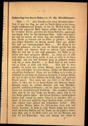 Festpredigt des Herrn Dekan Lic. Dr. Ch. Bürckstümmer.