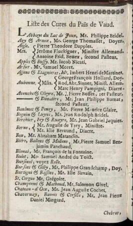 Liste des Cures du Païs de Vaud