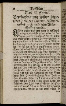 Das XI. Capitel. Vertheydigung wider diejenigen, die den Socrates beschuldigen, daß er die natürlichen Wissenschafften verachtet. - Das XV. Capitel. Des Socrates Feindschafft mit denen Sophisten.