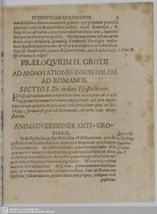 Praeloquium H. Grotii Ad Annotationes In Epistolam Ad Romanos