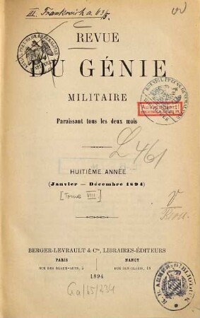 Revue du génie militaire. 8 = A. 8. 1894