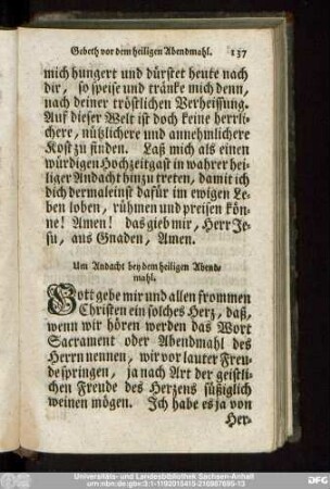 Um Andacht bey dem heiligen Abendmahl.