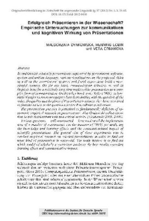 Erfolgreich Präsentieren in der Wissenschaft? Empirische Untersuchungen zur kommunikativen und kognitiven Wirkung von Präsentationen