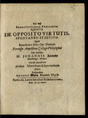 Exercitationum Ethicarum Quinta De Opposito Virtutis, Spontaneo Et Invito
