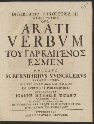 3: Dissertatio Philologica Qva Arati Verbvm Tu Gar Kai Genos Esmen