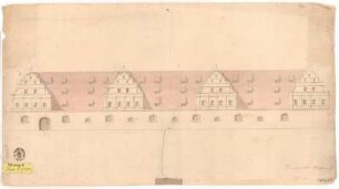 Dresden, Zeughaus (später Albertinum), stadtseitige Fassade : Dresden, Kurfürstliches Zeughaus (seit 1887 Albertinum). Aufriss der stadtseitigen Fassade vor dem Umbau 1742/1747, unbekannter Zeichner, 1. H. 18. Jh. Graphit, Pinsel in Wasserfarbe/Papier. 30,6 x 56,1 cm. Bez.: Unten rechts: "Dresden, altes Zeughaus?", jüngere Beschriftung (Bleistift).