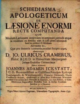Schediasma apolog. de laesione enormi in contractu emptionis venditionis recte computanda