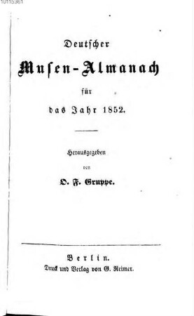 Deutscher Musen-Almanach : für d. Jahr .... 1852, 1852