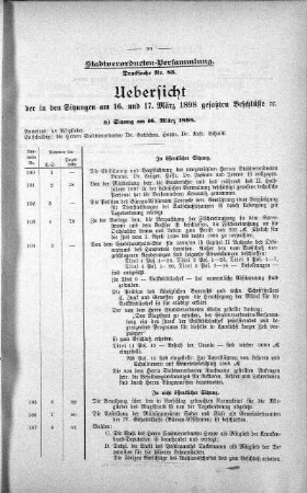Uebersicht der in der Sitzung am 16. und 17. März 1898 gefaßten Beschlüsse., 16. März 1898