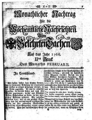 Monathlicher Nachtrag [...] Auf das Jahr 1766 IItes Stuck Des Monaths Februarii