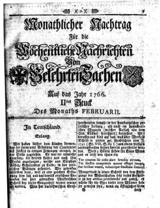 Monathlicher Nachtrag [...] Auf das Jahr 1766 IItes Stuck Des Monaths Februarii