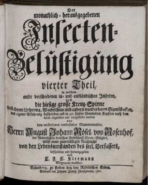 Theil 4: Der monatlich herausgegebenen Insecten-Belustigung ... Theil. Theil 4