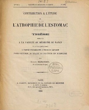 Contribution à l'étude de l'atrophie de l'estomac : Thèse ...