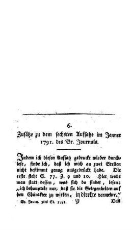 Zusätze zu dem sechsten Aufsatze im Jenner 1791 des Br. Journals