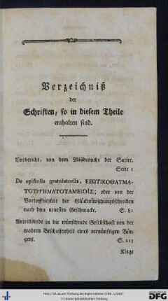 Verzeichniß der Schriften, so in diesem Theile enthalten sind.